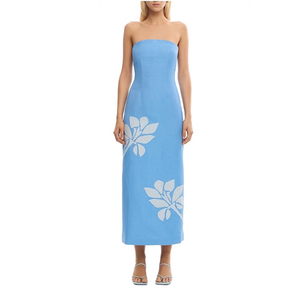 Significant Other Tammy Dress Cerulean Blue Strapless Floral Column Midi Size 2